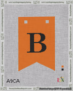 A taped needlepoint canvas with the design: Banner 18 mesh count Forked B Black on Orange.