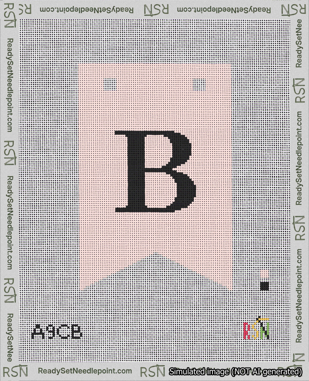 A taped needlepoint canvas with the design: Banner 18 mesh count Forked B Black on Pink.