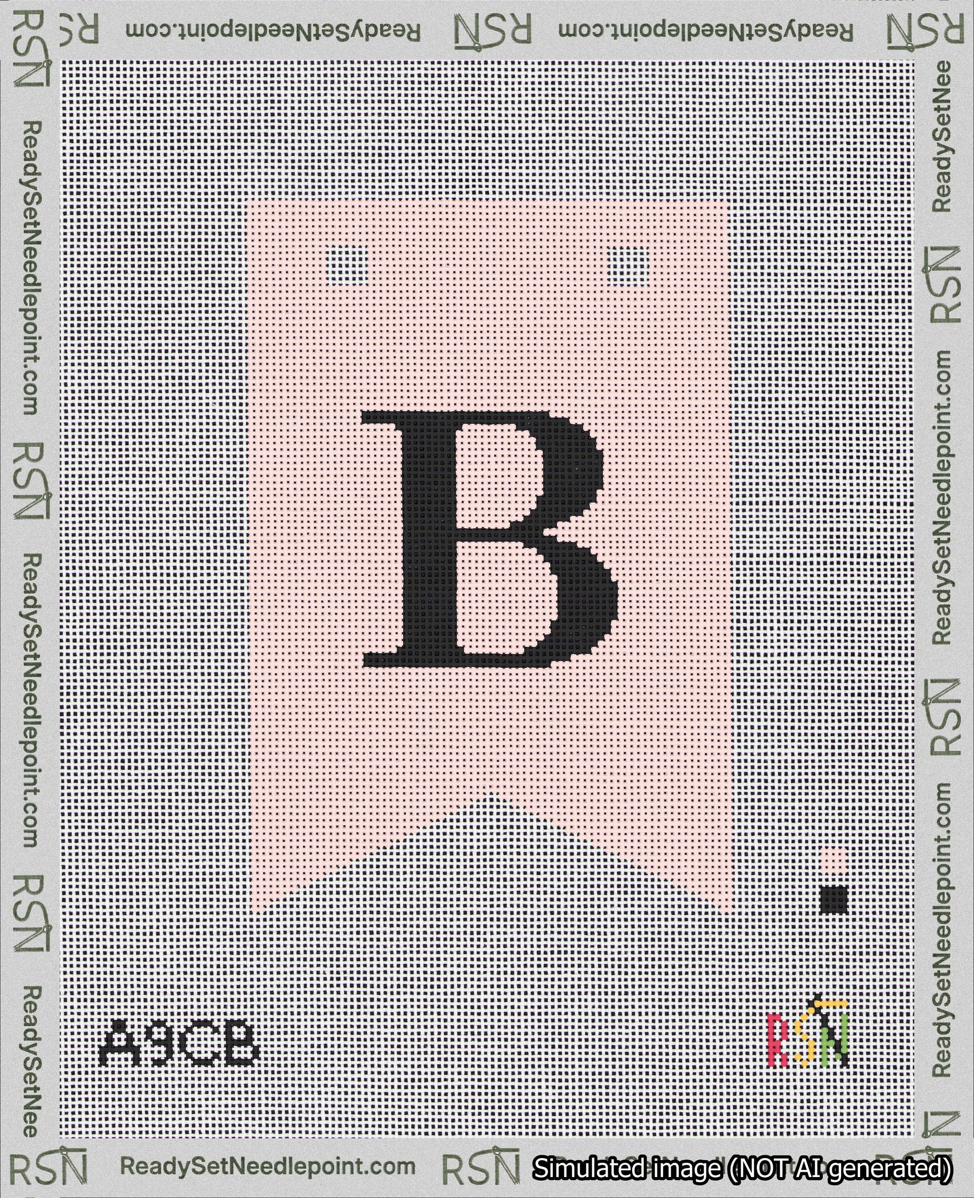 A taped needlepoint canvas with the design: Banner 18 mesh count Forked B Black on Pink.