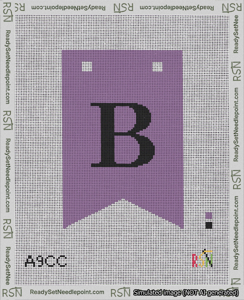 A taped needlepoint canvas with the design: Banner 18 mesh count Forked B Black on Purple.