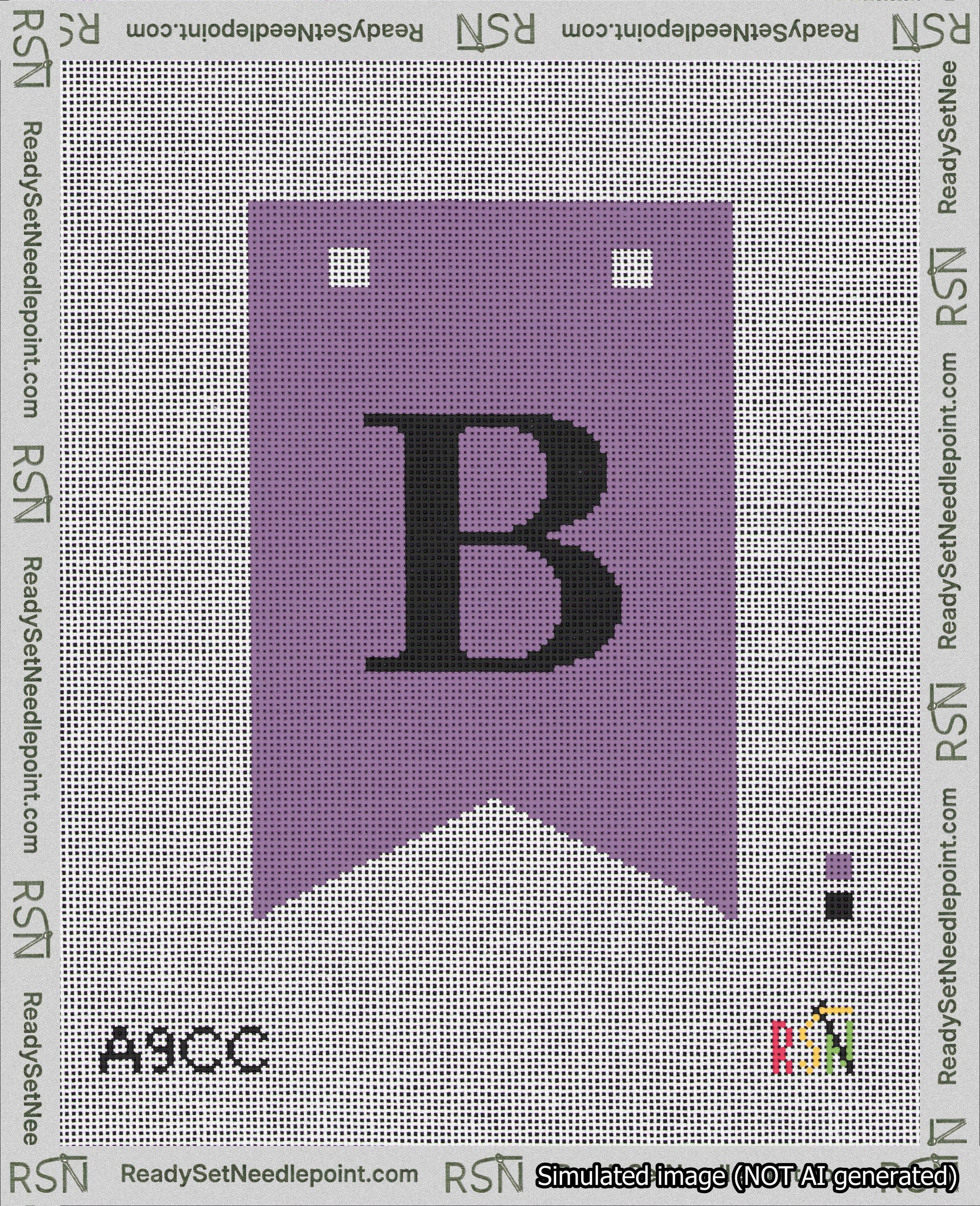A taped needlepoint canvas with the design: Banner 18 mesh count Forked B Black on Purple.