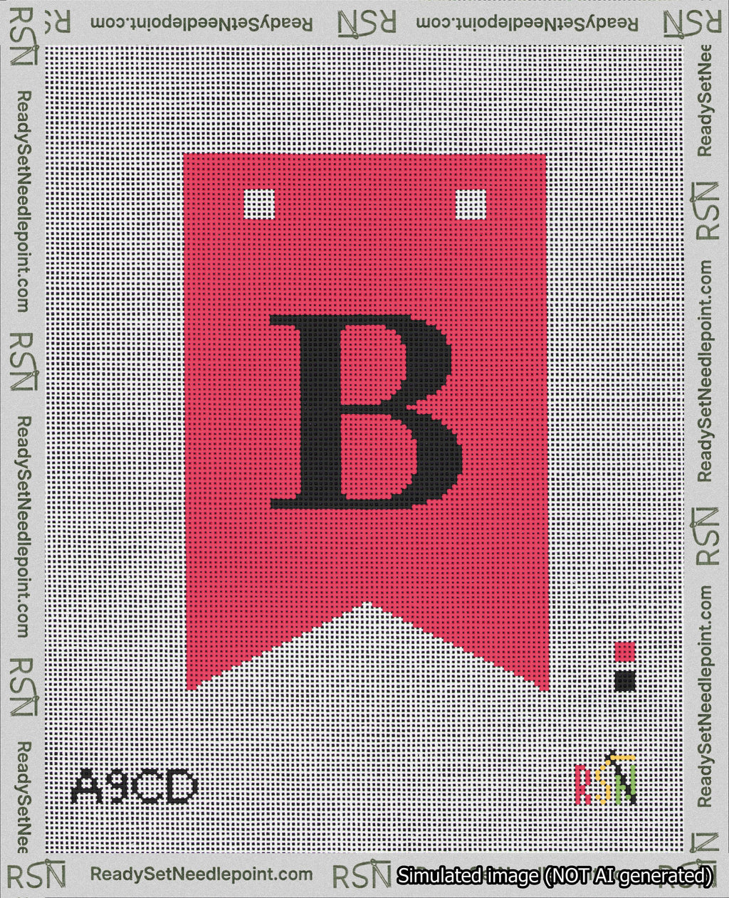 A taped needlepoint canvas with the design: Banner 18 mesh count Forked B Black on Red.
