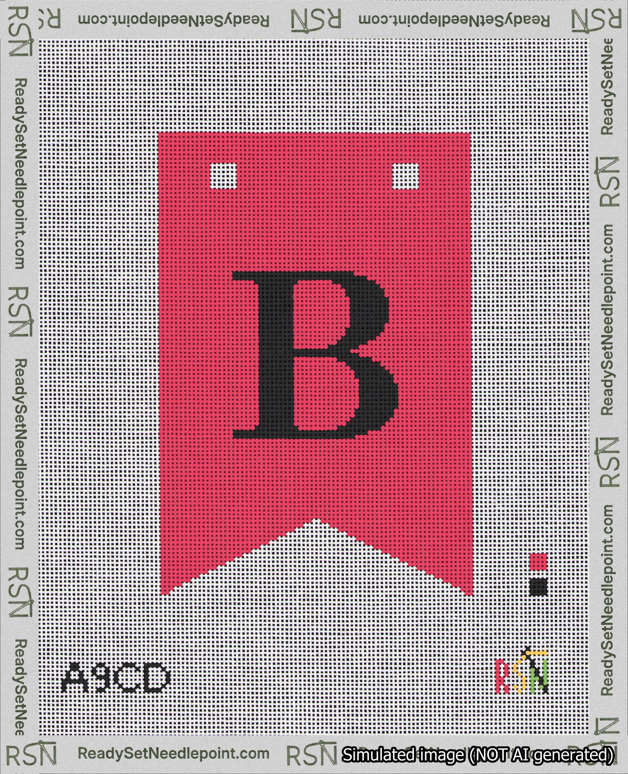 A taped needlepoint canvas with the design: Banner 18 mesh count Forked B Black on Red.