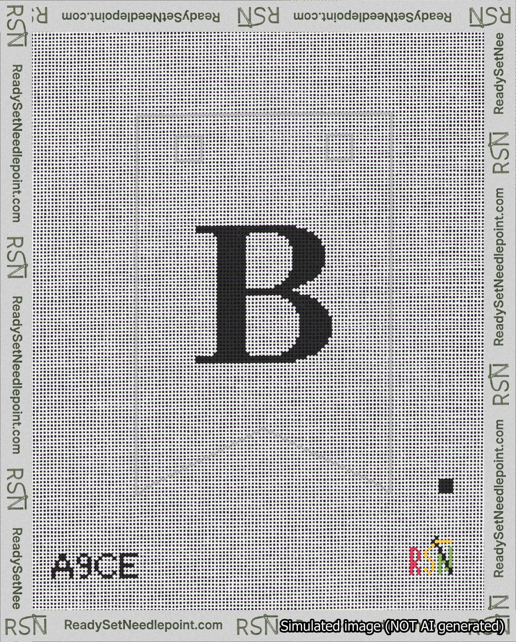 A taped needlepoint canvas with the design: Banner 18 mesh count Forked B Black on White.
