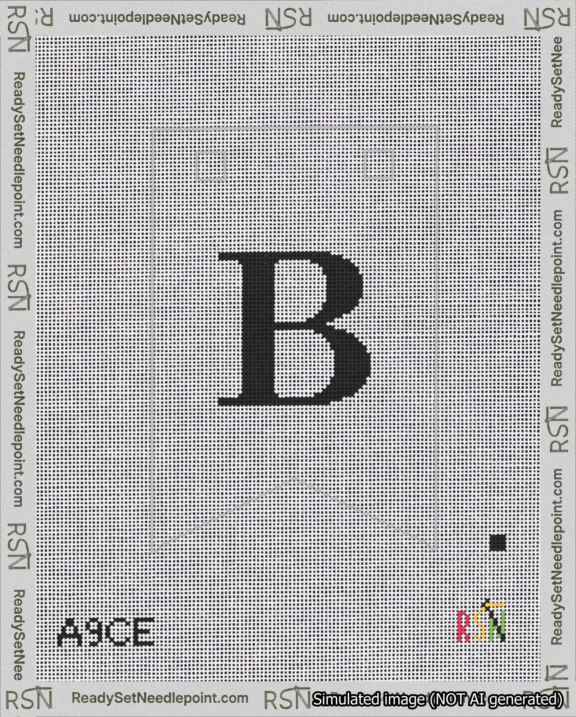 A taped needlepoint canvas with the design: Banner 18 mesh count Forked B Black on White.