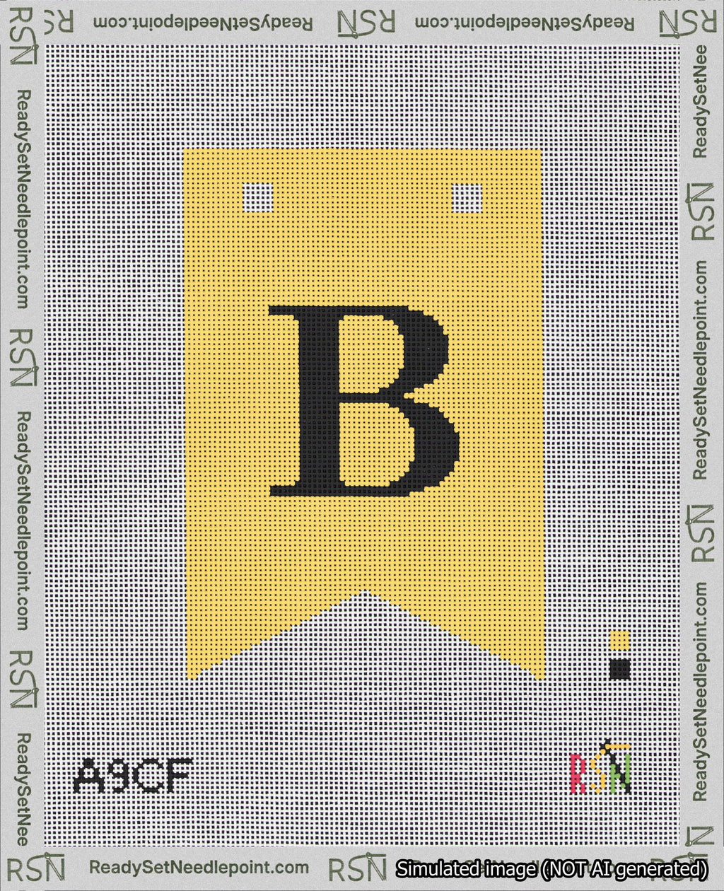 A taped needlepoint canvas with the design: Banner 18 mesh count Forked B Black on Yellow.
