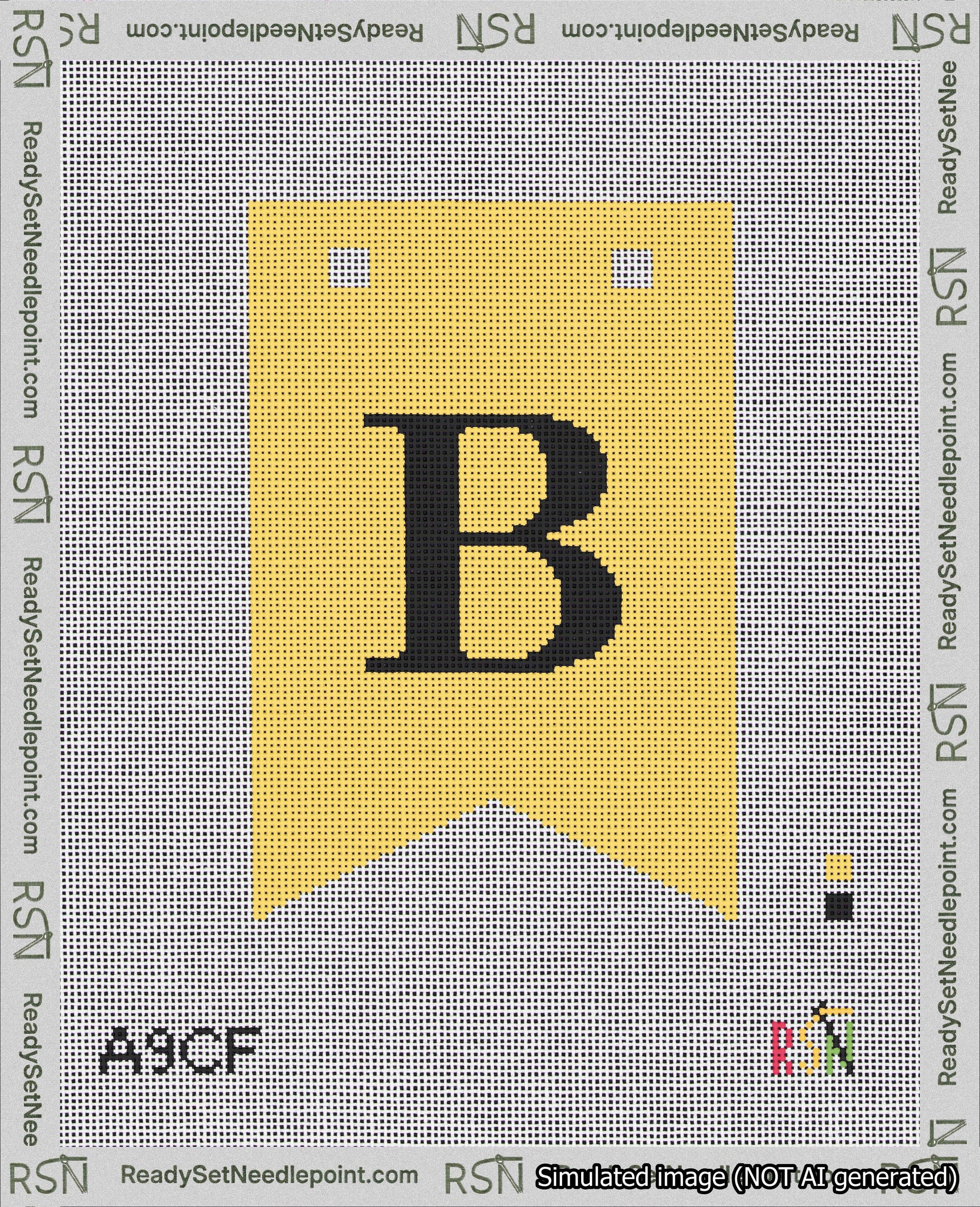 A taped needlepoint canvas with the design: Banner 18 mesh count Forked B Black on Yellow.