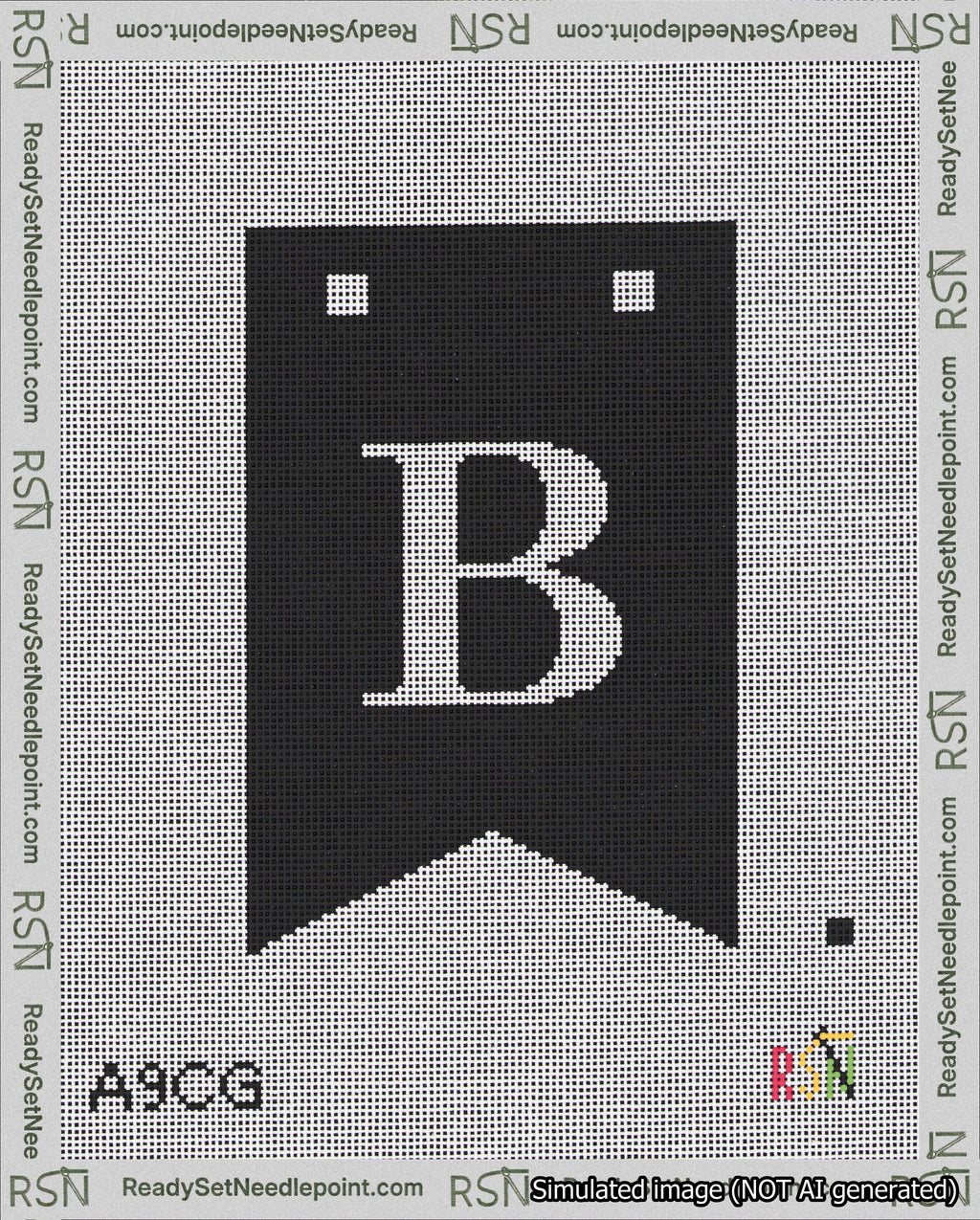 A taped needlepoint canvas with the design: Banner 18 mesh count Forked B White on Black.