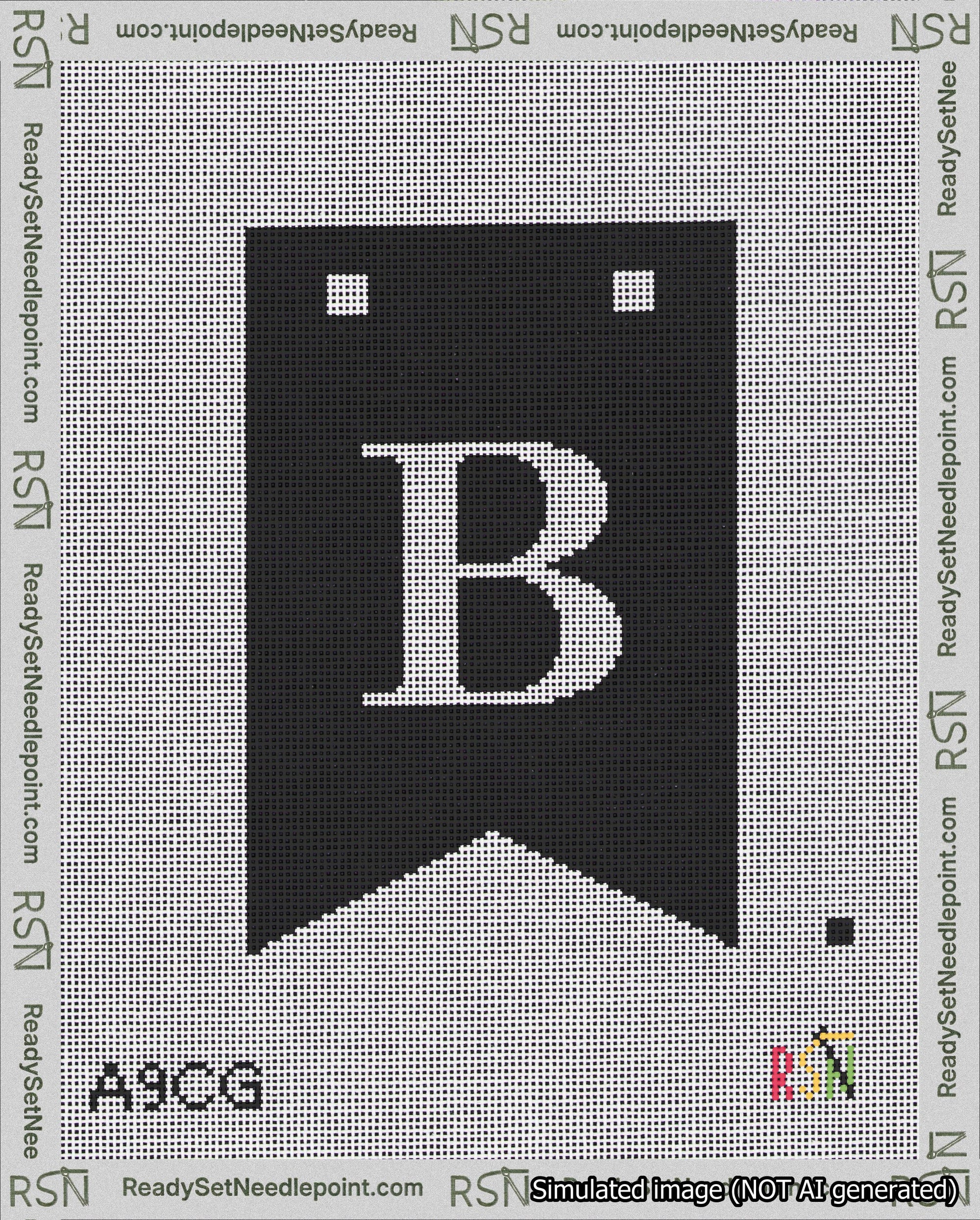 A taped needlepoint canvas with the design: Banner 18 mesh count Forked B White on Black.