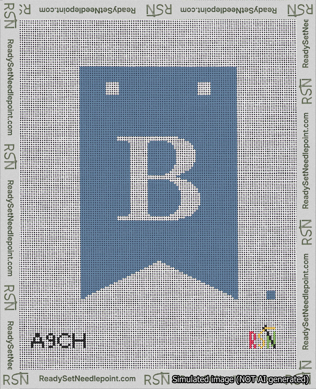 A taped needlepoint canvas with the design: Banner 18 mesh count Forked B White on Blue.