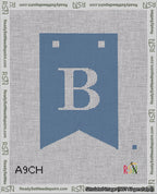 A taped needlepoint canvas with the design: Banner 18 mesh count Forked B White on Blue.