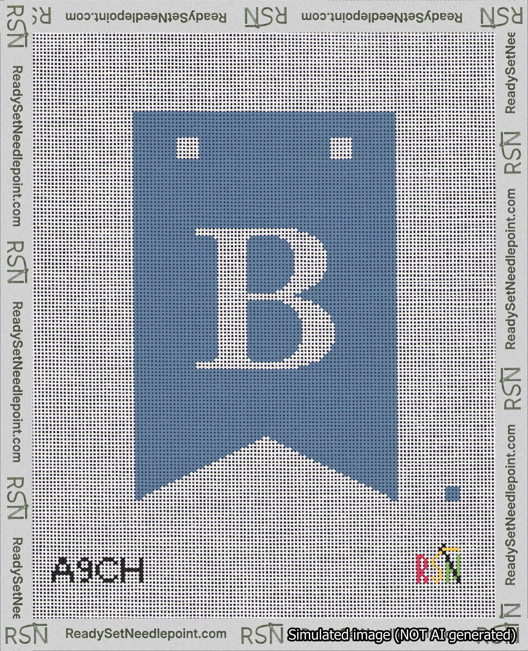 A taped needlepoint canvas with the design: Banner 18 mesh count Forked B White on Blue.