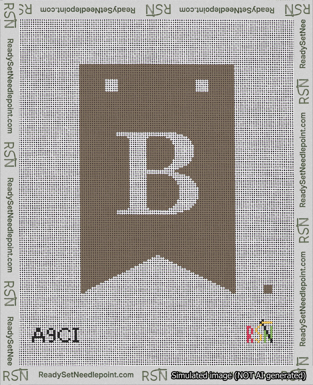 A taped needlepoint canvas with the design: Banner 18 mesh count Forked B White on Brown.