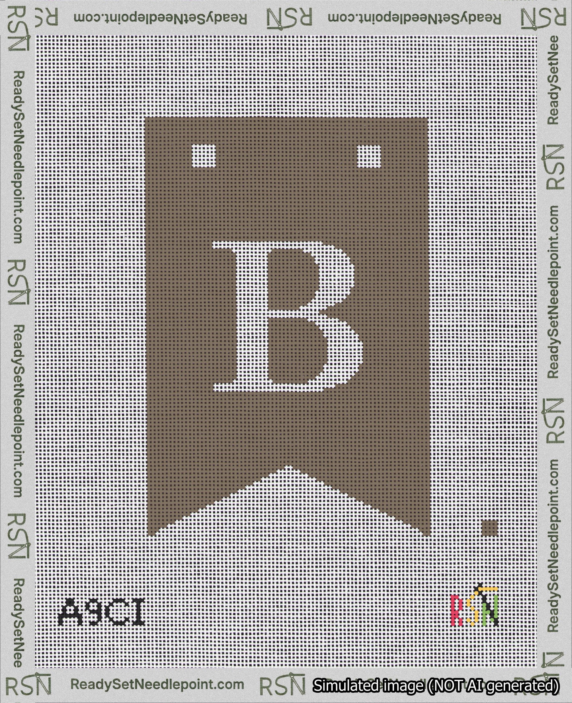 A taped needlepoint canvas with the design: Banner 18 mesh count Forked B White on Brown.