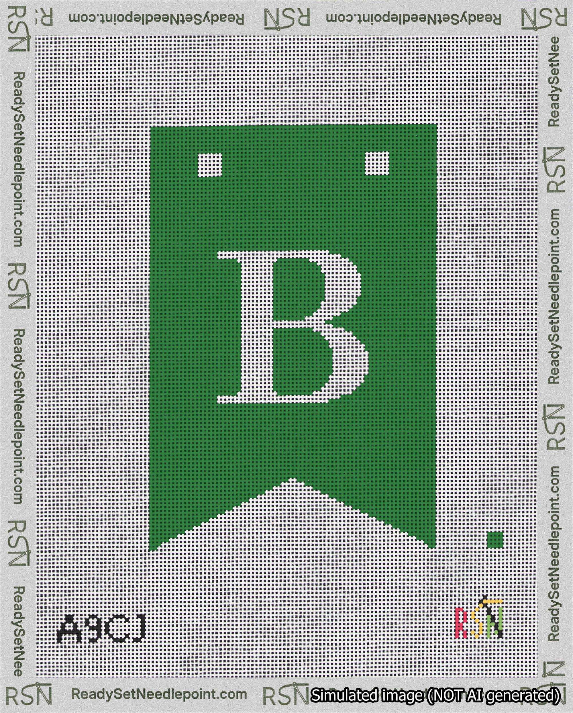 A taped needlepoint canvas with the design: Banner 18 mesh count Forked B White on Green.