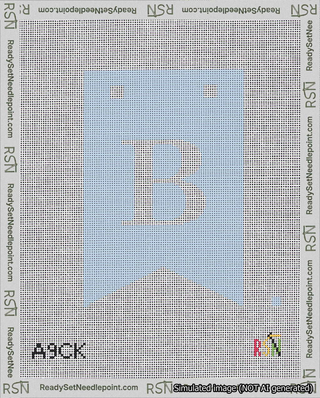 A taped needlepoint canvas with the design: Banner 18 mesh count Forked B White on Light Blue.