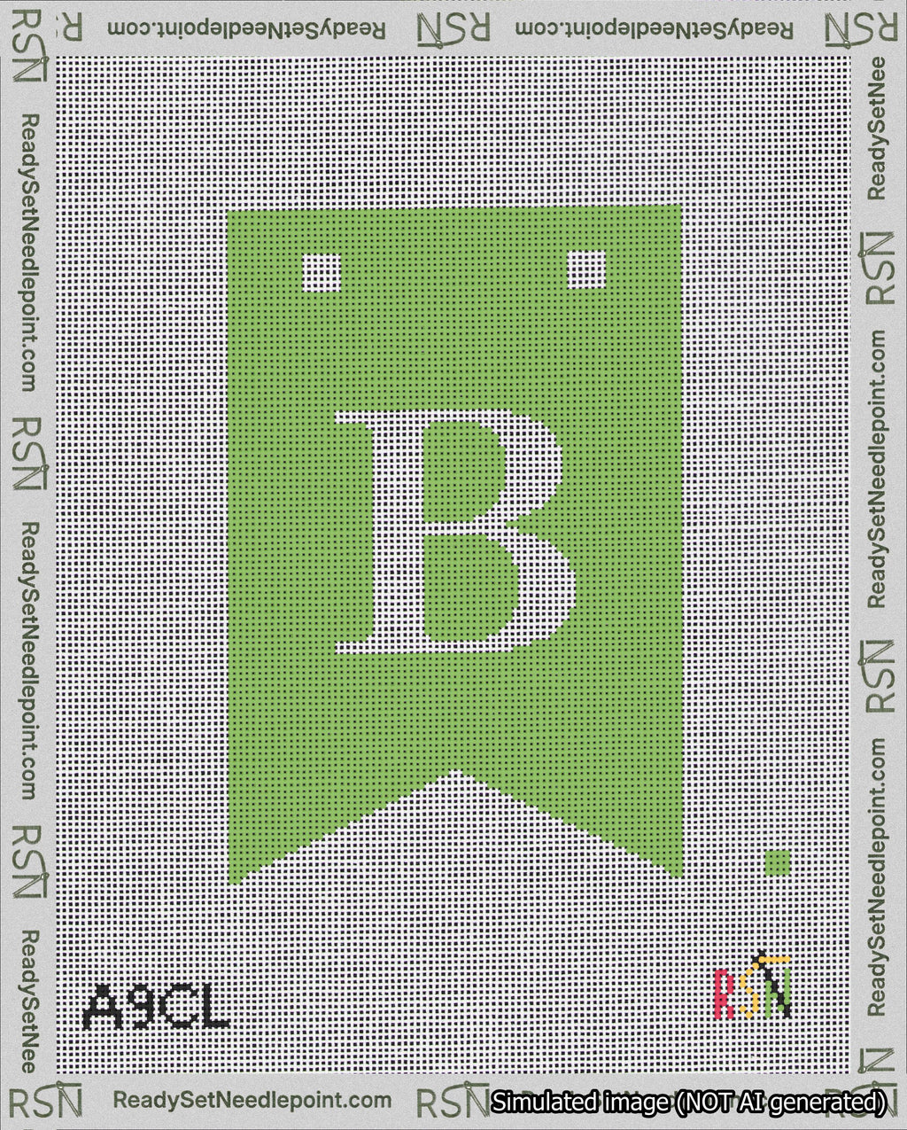 A taped needlepoint canvas with the design: Banner 18 mesh count Forked B White on Light Green.