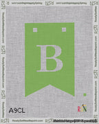 A taped needlepoint canvas with the design: Banner 18 mesh count Forked B White on Light Green.