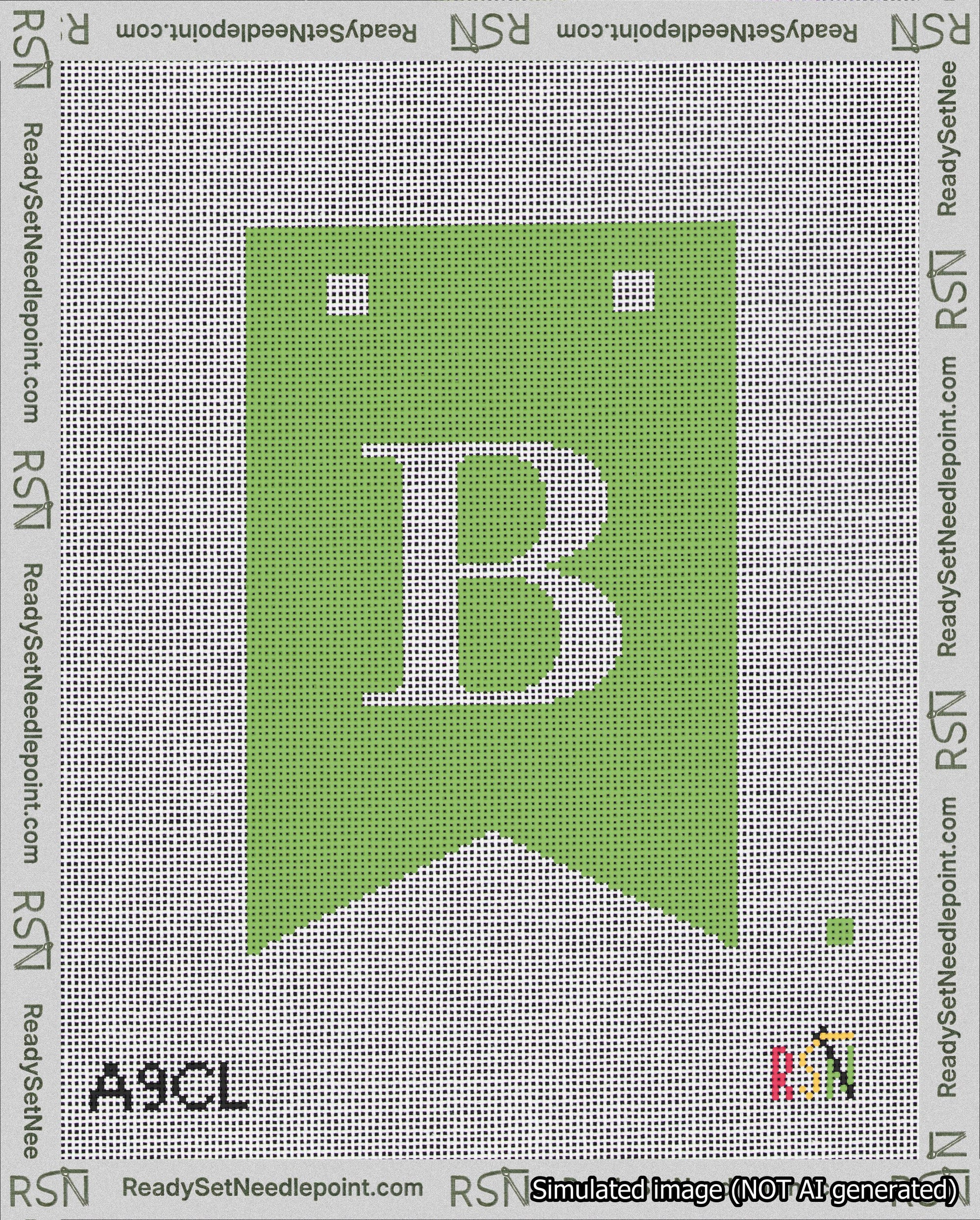 A taped needlepoint canvas with the design: Banner 18 mesh count Forked B White on Light Green.