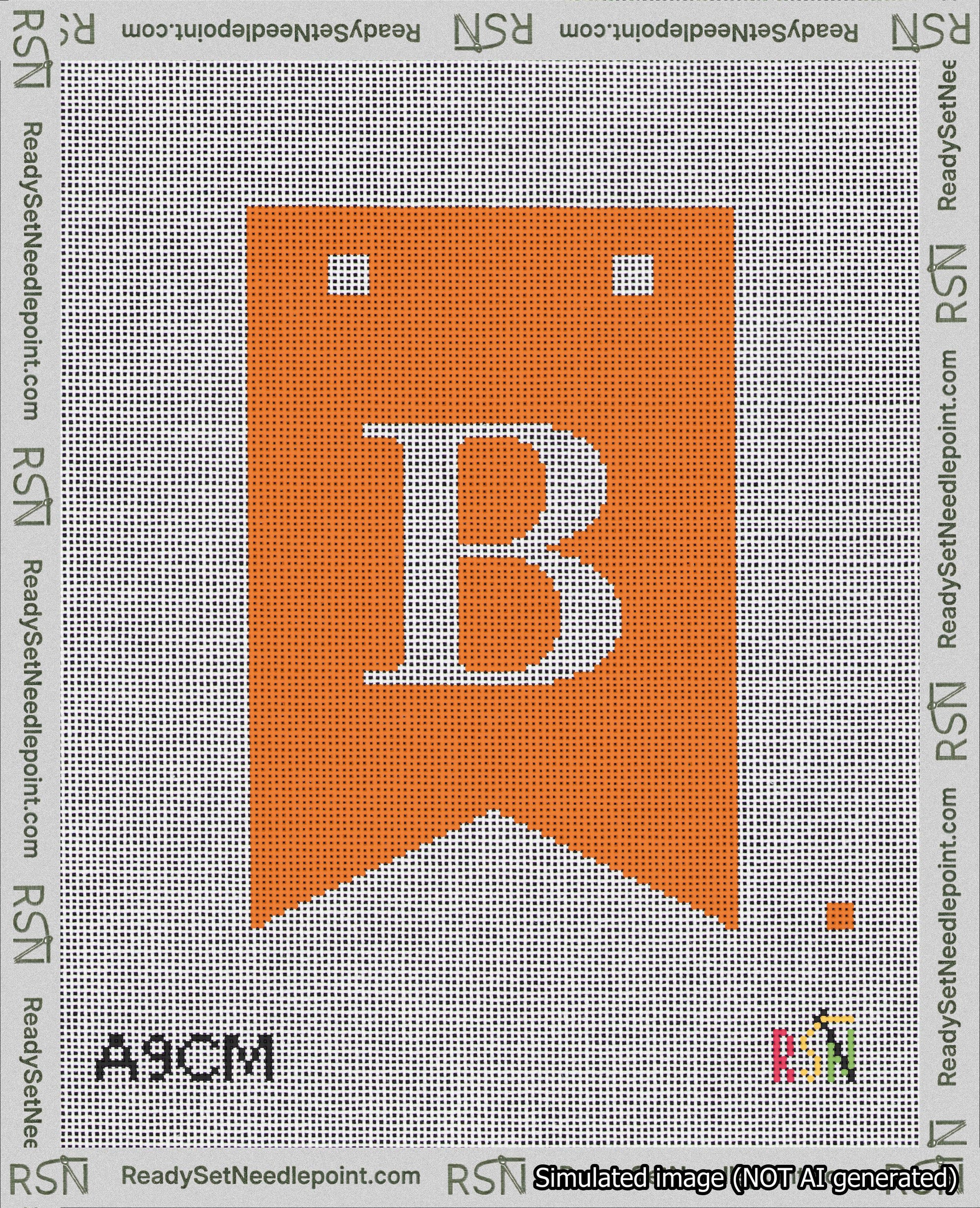 A taped needlepoint canvas with the design: Banner 18 mesh count Forked B White on Orange.