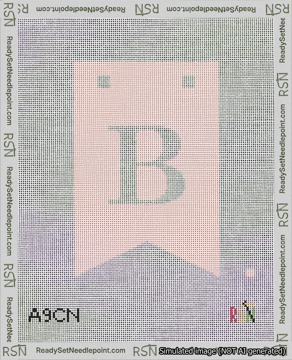 A taped needlepoint canvas with the design: Banner 18 mesh count Forked B White on Pink.