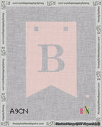 A taped needlepoint canvas with the design: Banner 18 mesh count Forked B White on Pink.