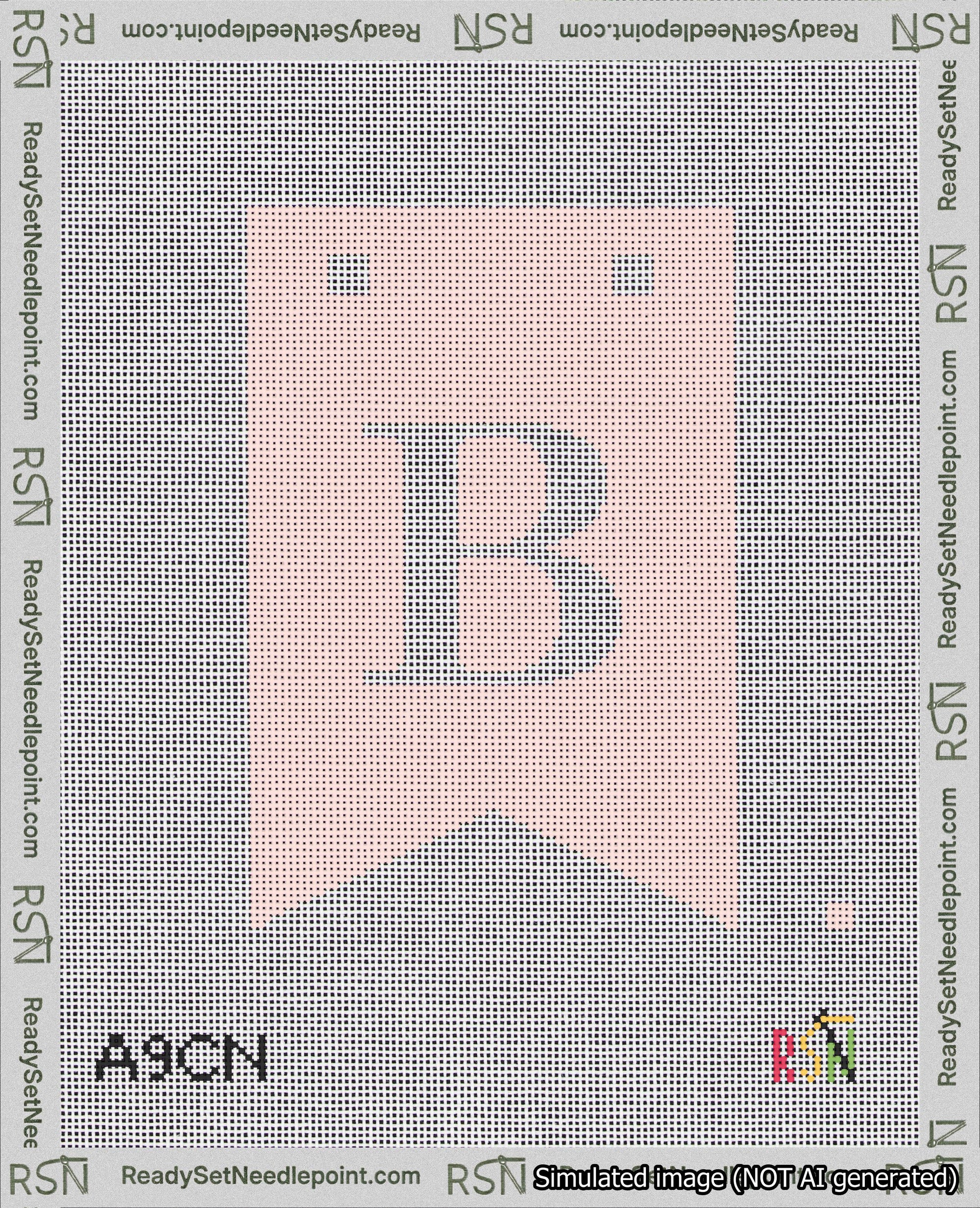 A taped needlepoint canvas with the design: Banner 18 mesh count Forked B White on Pink.