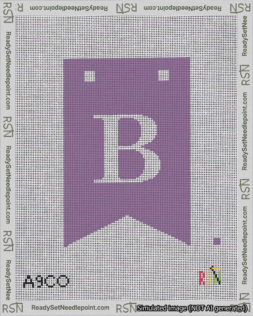 A taped needlepoint canvas with the design: Banner 18 mesh count Forked B White on Purple.