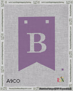 A taped needlepoint canvas with the design: Banner 18 mesh count Forked B White on Purple.