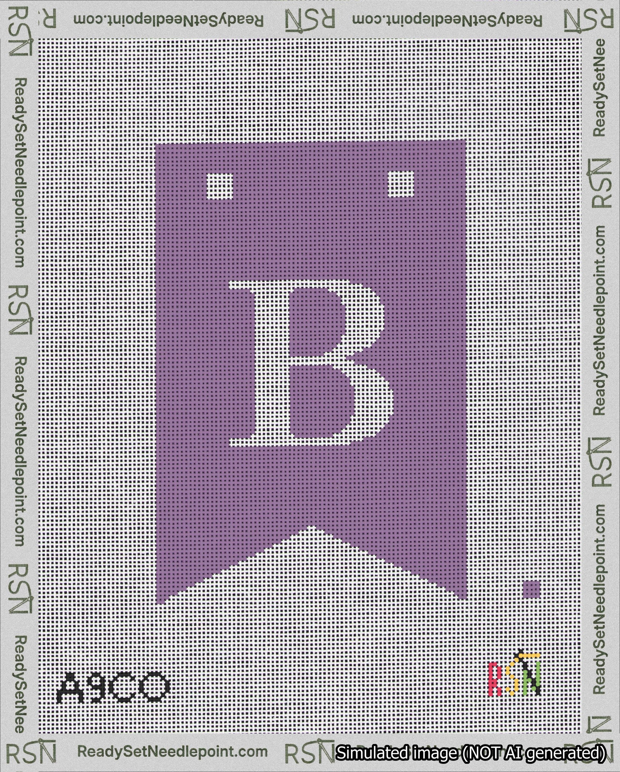 A taped needlepoint canvas with the design: Banner 18 mesh count Forked B White on Purple.