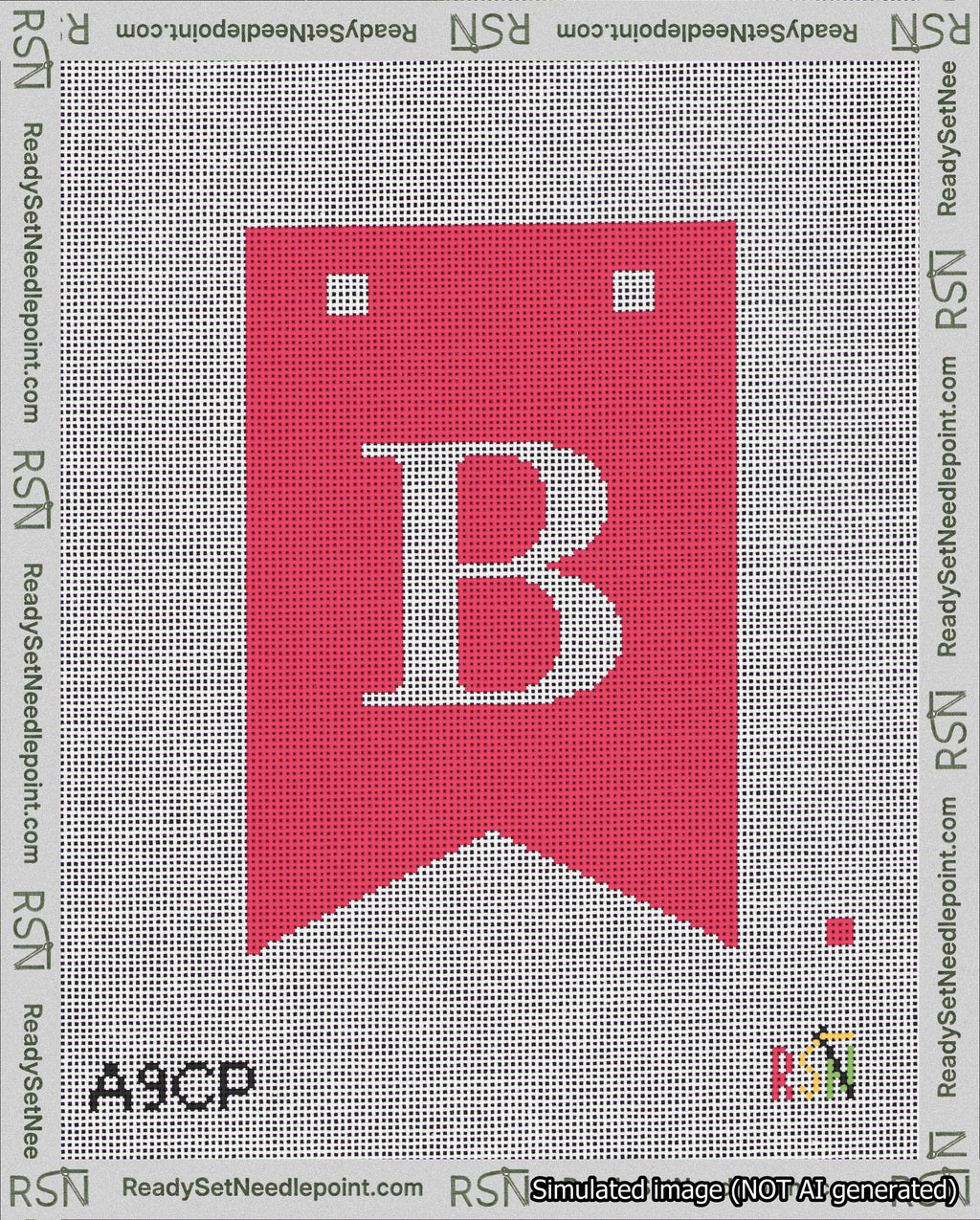 A taped needlepoint canvas with the design: Banner 18 mesh count Forked B White on Red.