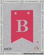 A taped needlepoint canvas with the design: Banner 18 mesh count Forked B White on Red.