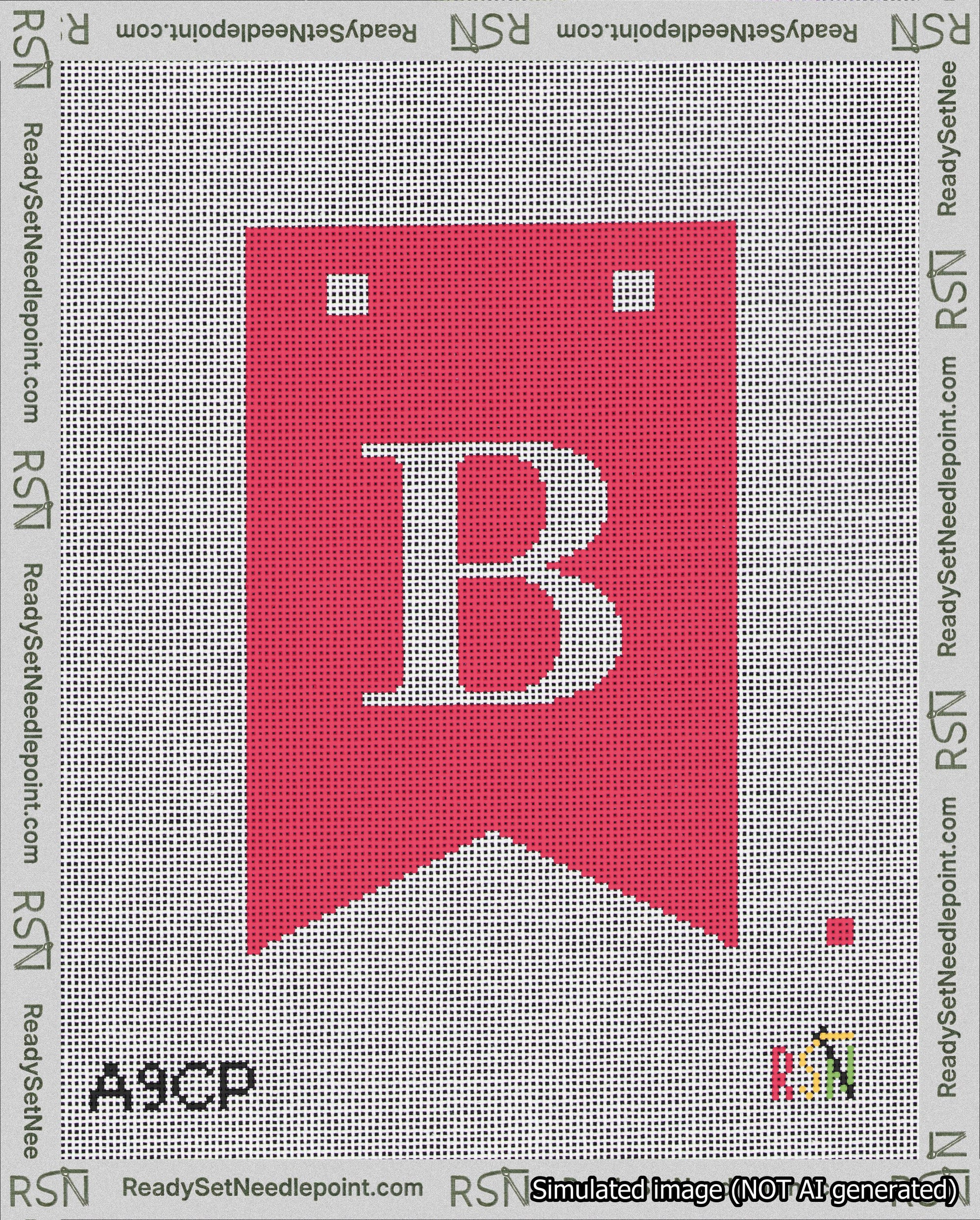A taped needlepoint canvas with the design: Banner 18 mesh count Forked B White on Red.