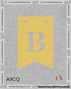 A taped needlepoint canvas with the design: Banner 18 mesh count Forked B White on Yellow.