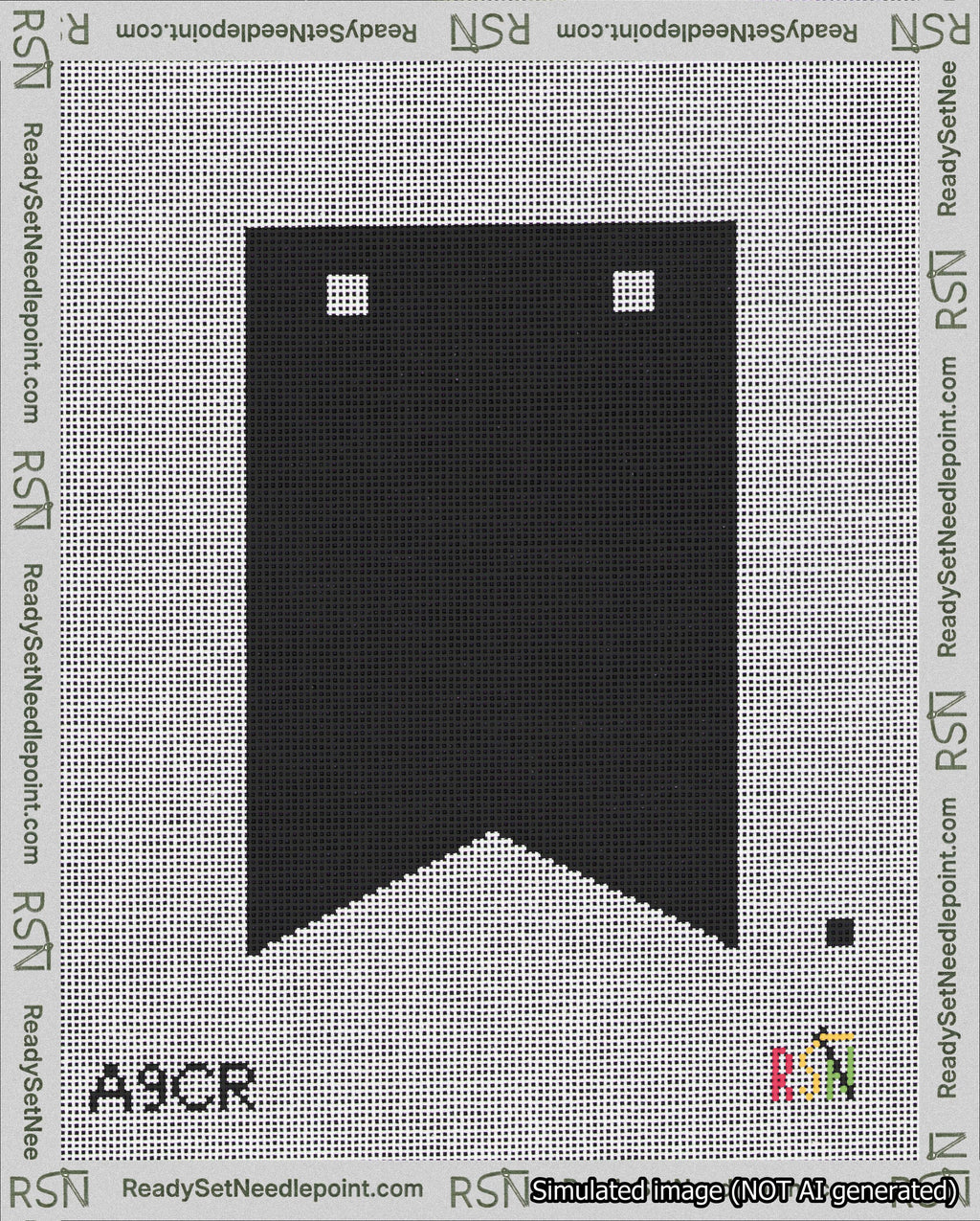 A taped needlepoint canvas with the design: Banner 18 mesh count Forked Blank Black.