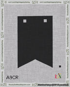 A taped needlepoint canvas with the design: Banner 18 mesh count Forked Blank Black.