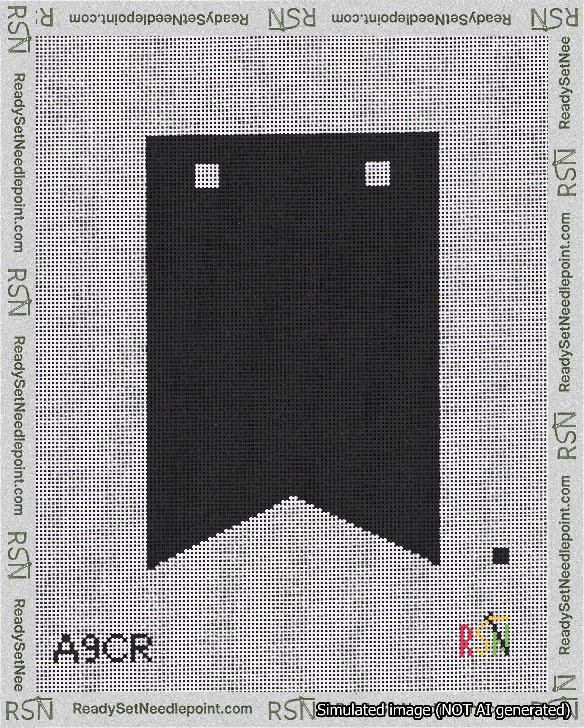 A taped needlepoint canvas with the design: Banner 18 mesh count Forked Blank Black.