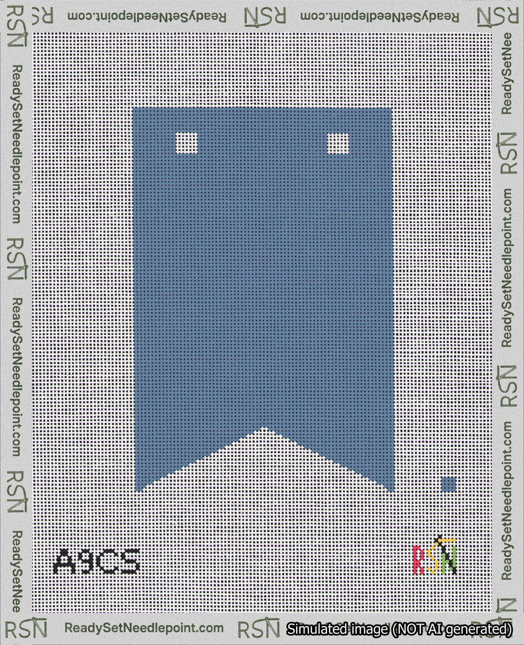 A taped needlepoint canvas with the design: Banner 18 mesh count Forked Blank Blue.