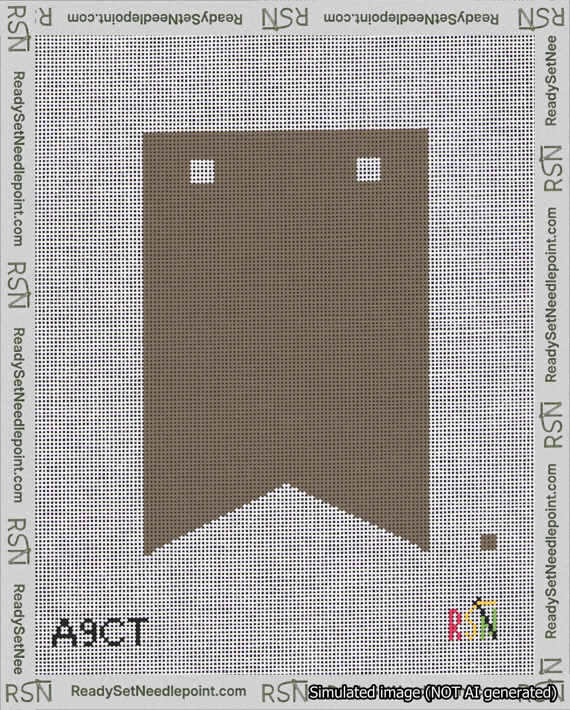 A taped needlepoint canvas with the design: Banner 18 mesh count Forked Blank Brown.