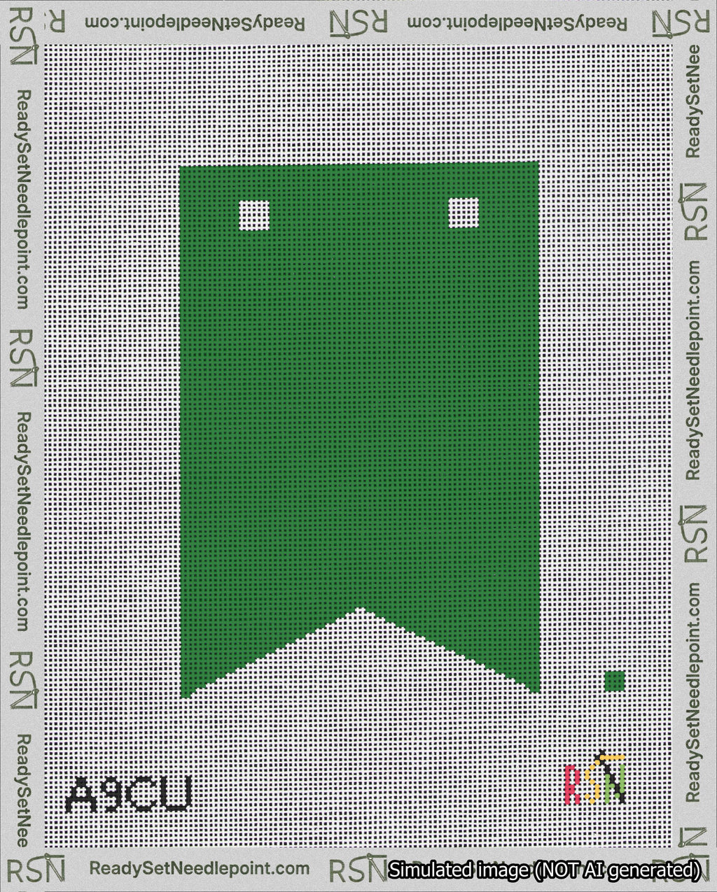 A taped needlepoint canvas with the design: Banner 18 mesh count Forked Blank Green.