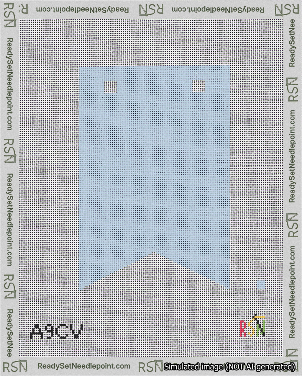 A taped needlepoint canvas with the design: Banner 18 mesh count Forked Blank Light Blue.