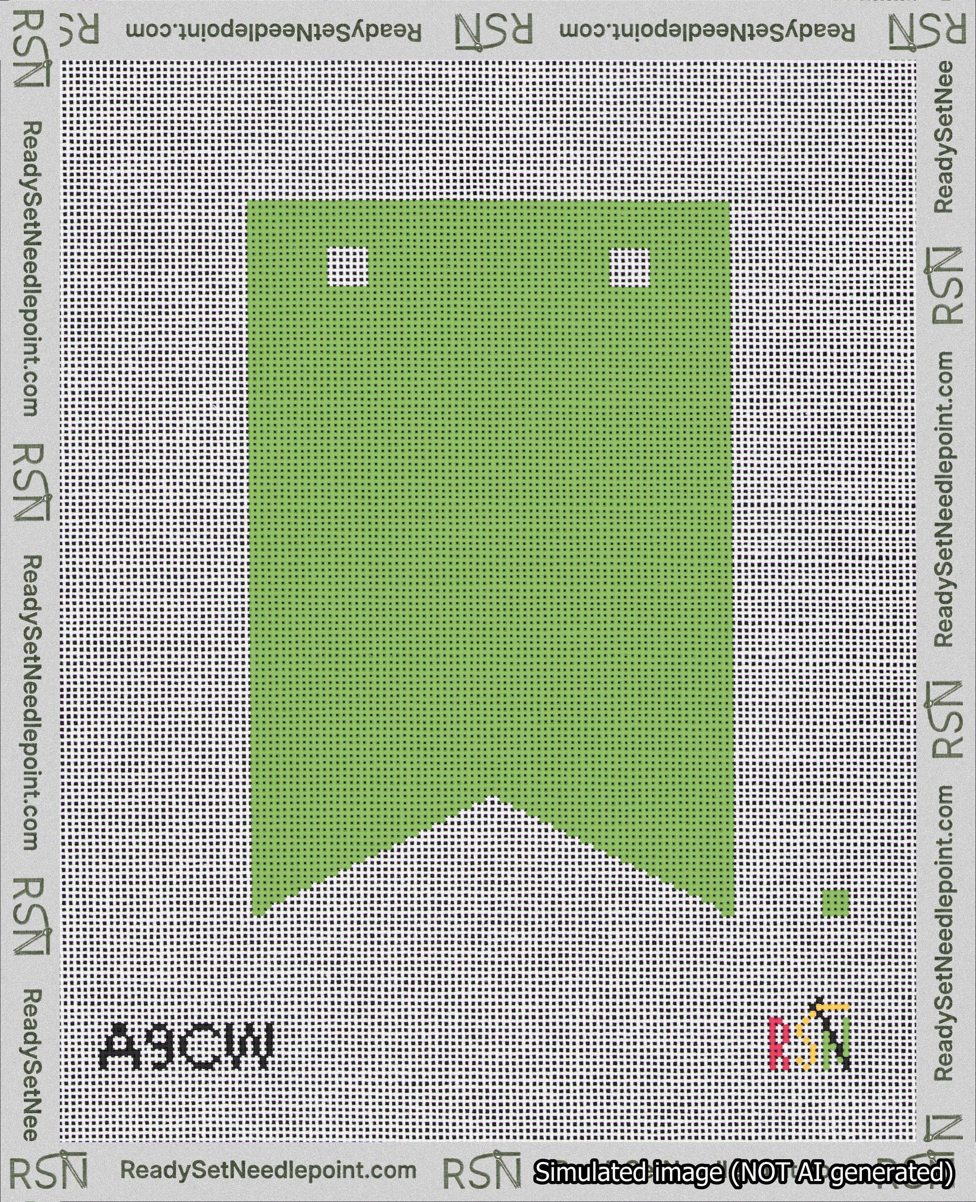 A taped needlepoint canvas with the design: Banner 18 mesh count Forked Blank Light Green.