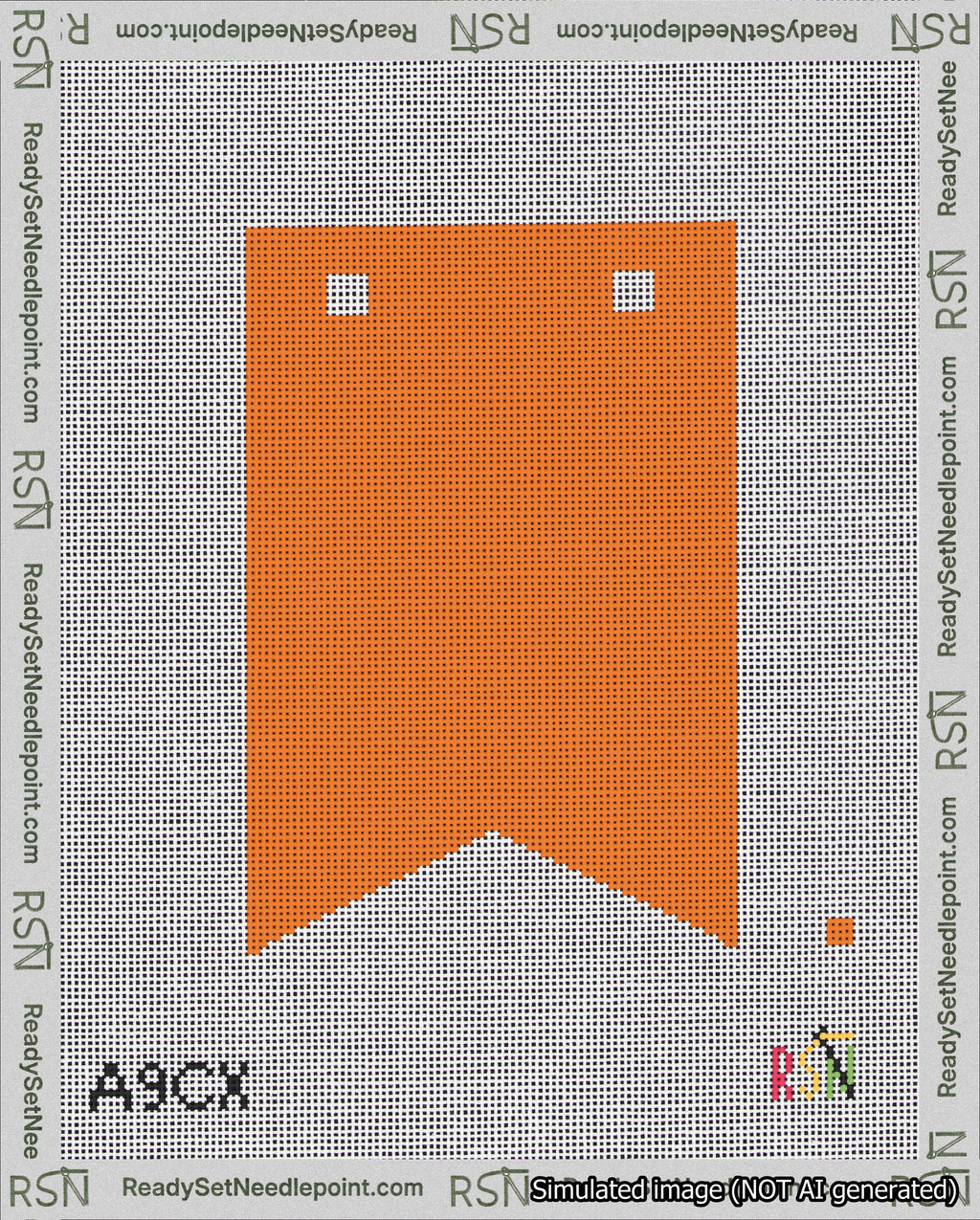 A taped needlepoint canvas with the design: Banner 18 mesh count Forked Blank Orange.