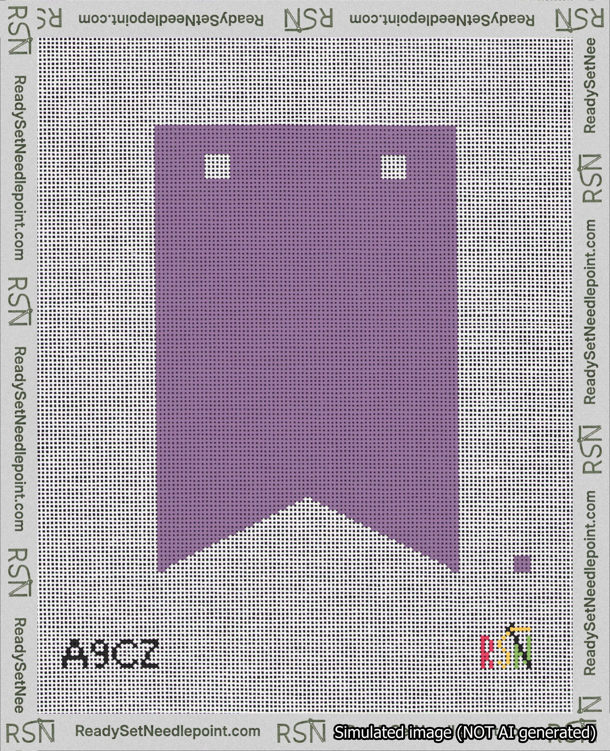 A taped needlepoint canvas with the design: Banner 18 mesh count Forked Blank Purple.