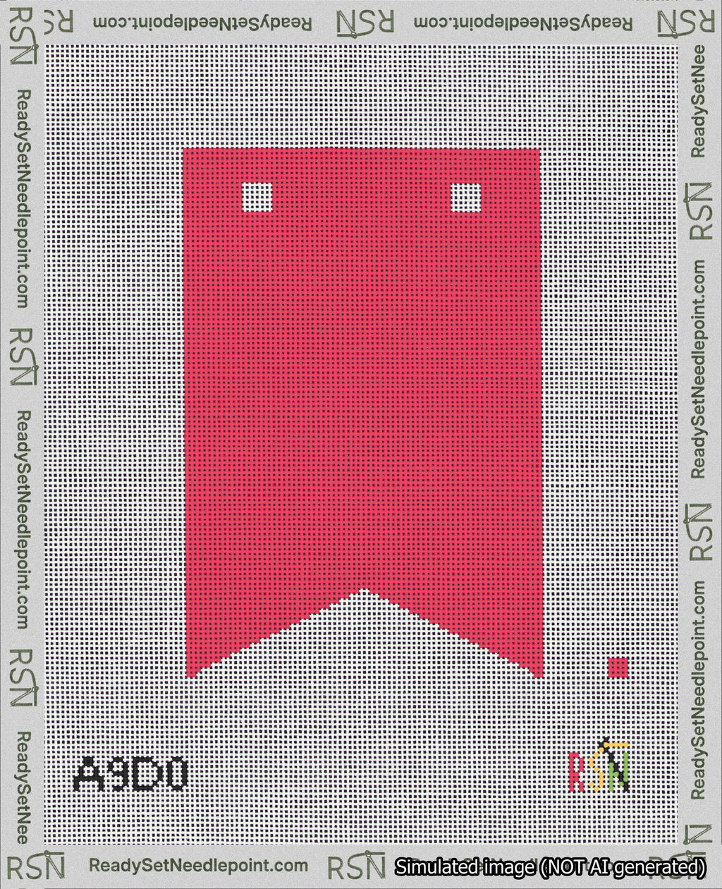 A taped needlepoint canvas with the design: Banner 18 mesh count Forked Blank Red.