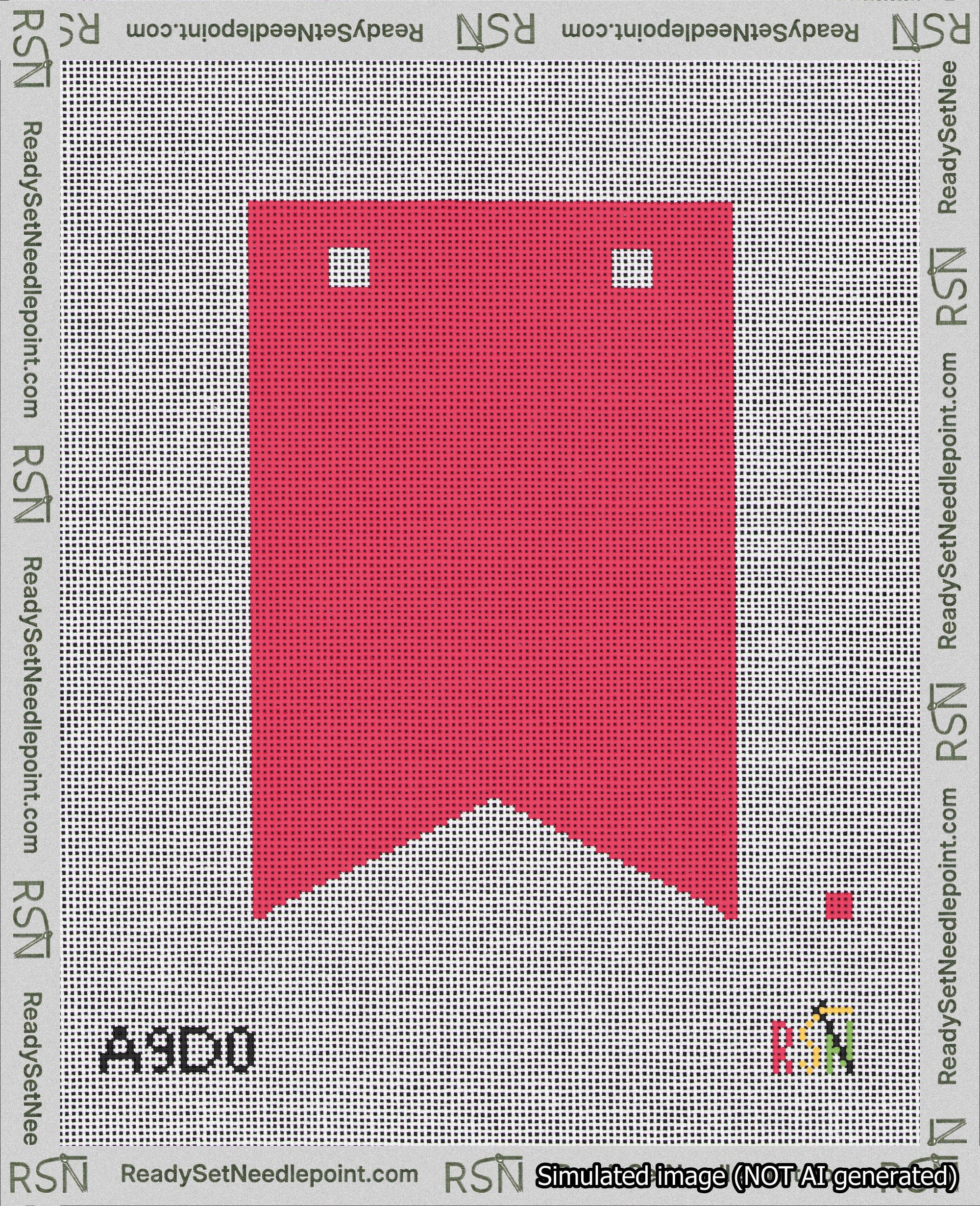 A taped needlepoint canvas with the design: Banner 18 mesh count Forked Blank Red.