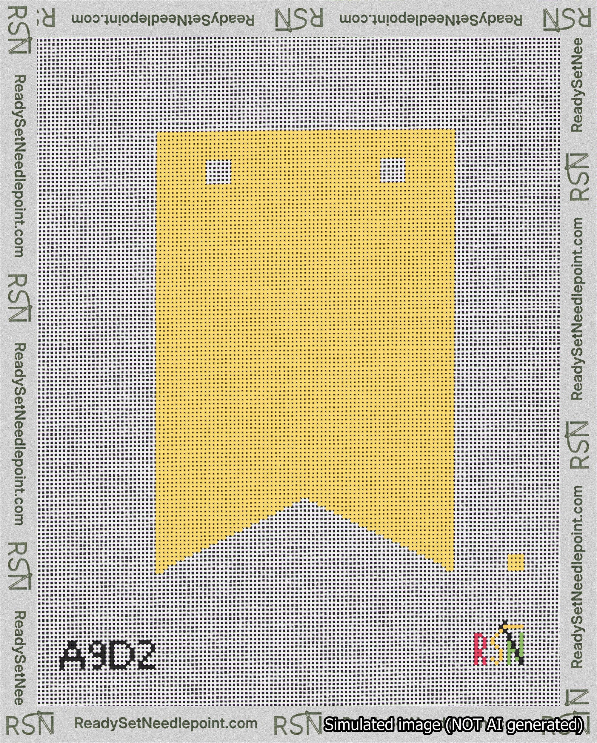 A taped needlepoint canvas with the design: Banner 18 mesh count Forked Blank Yellow.