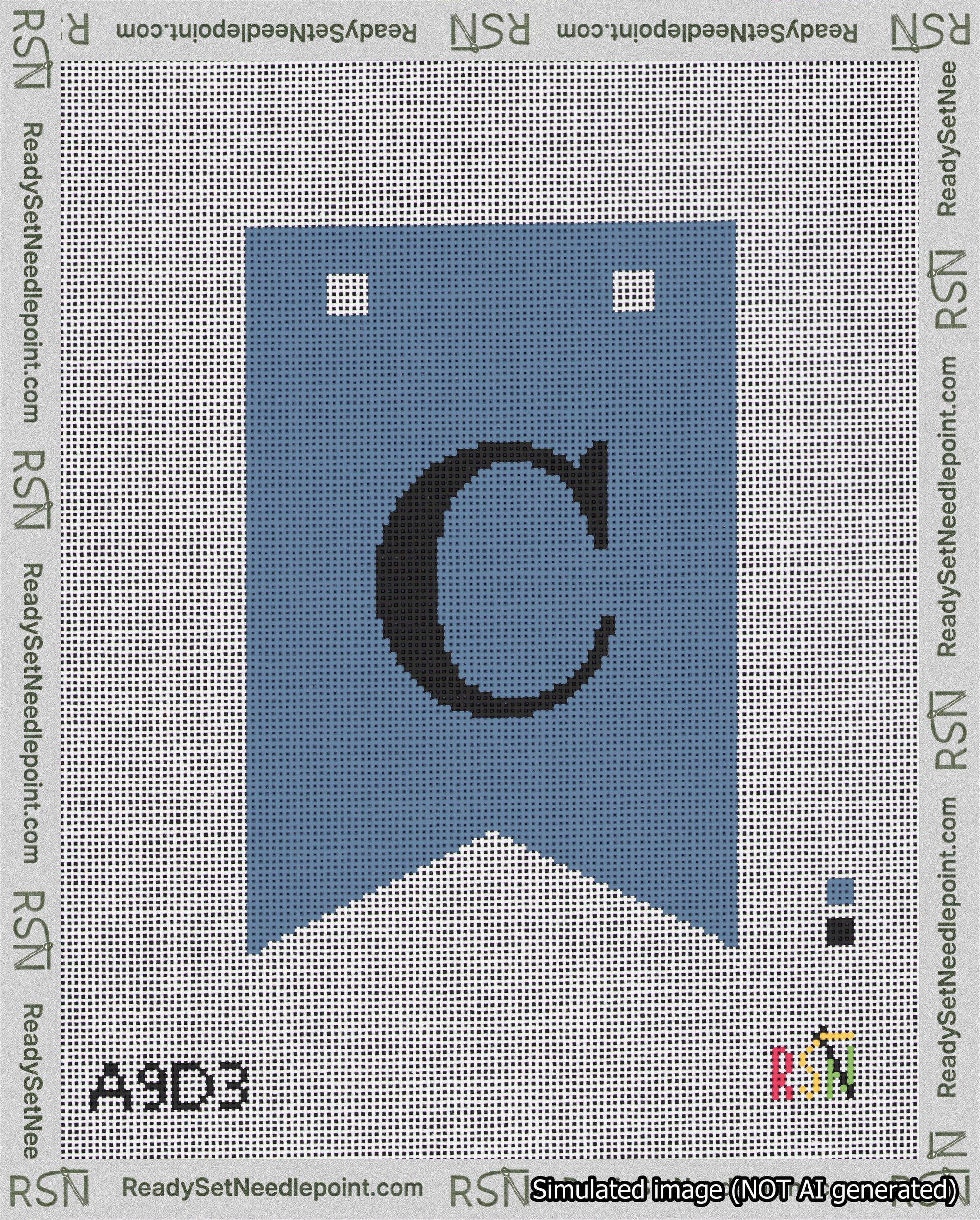 A taped needlepoint canvas with the design: Banner 18 mesh count Forked C Black on Blue.