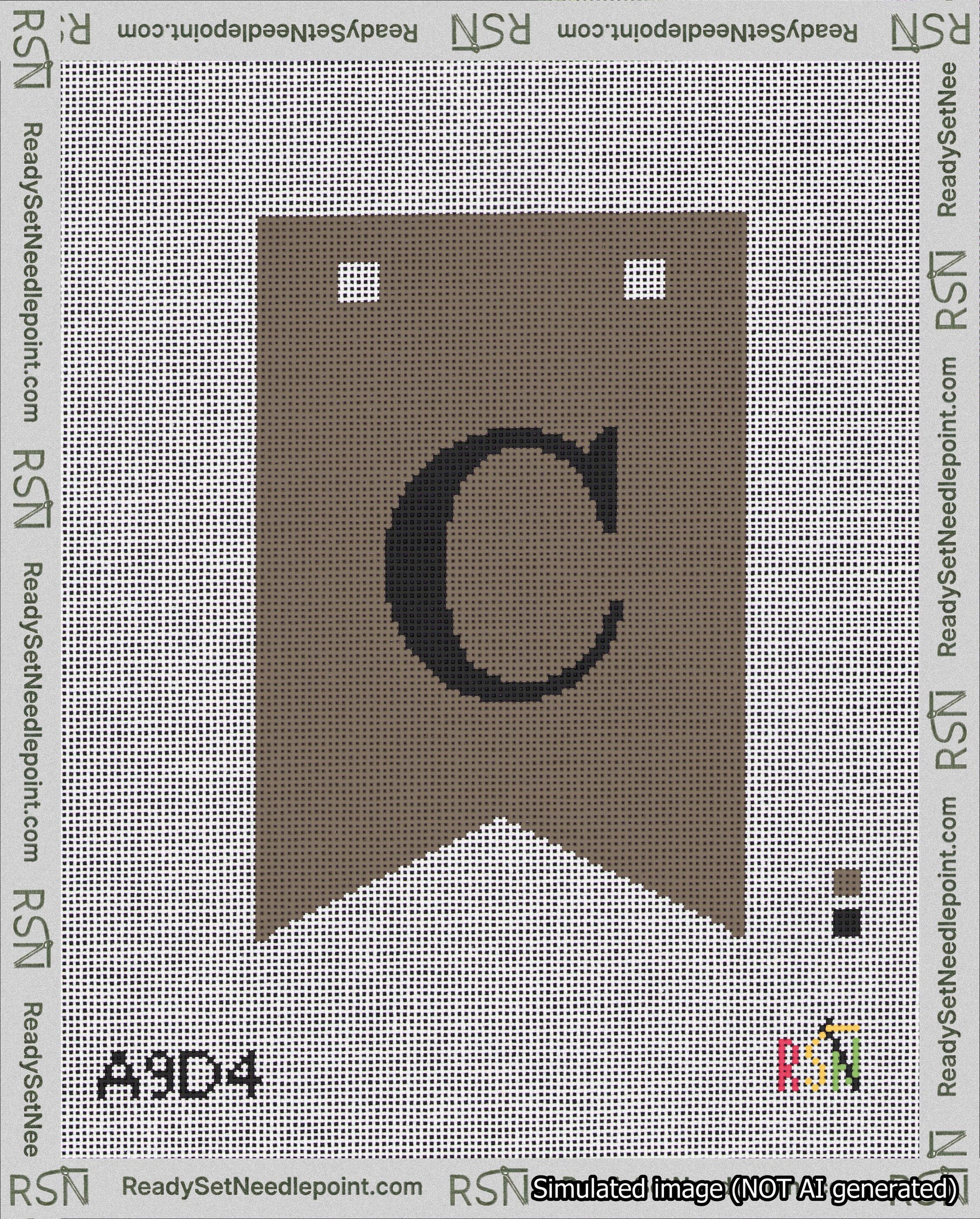 A taped needlepoint canvas with the design: Banner 18 mesh count Forked C Black on Brown.