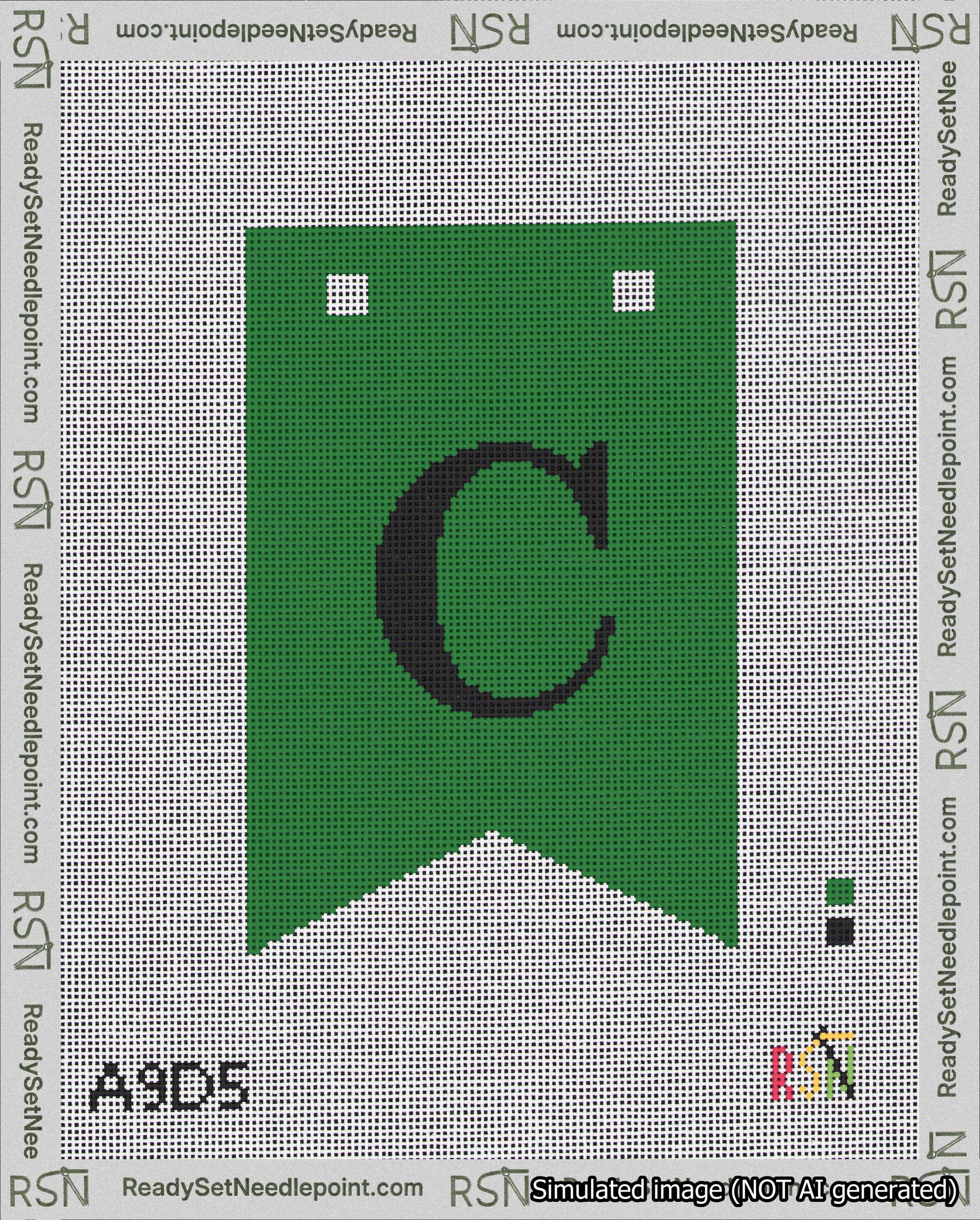A taped needlepoint canvas with the design: Banner 18 mesh count Forked C Black on Green.